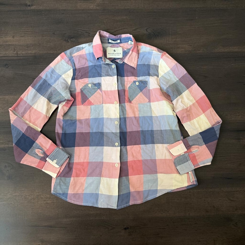 Maison Scotch Plaid Button Down Flannel Shirt‎ Pastel Colorblock Size 1 Small